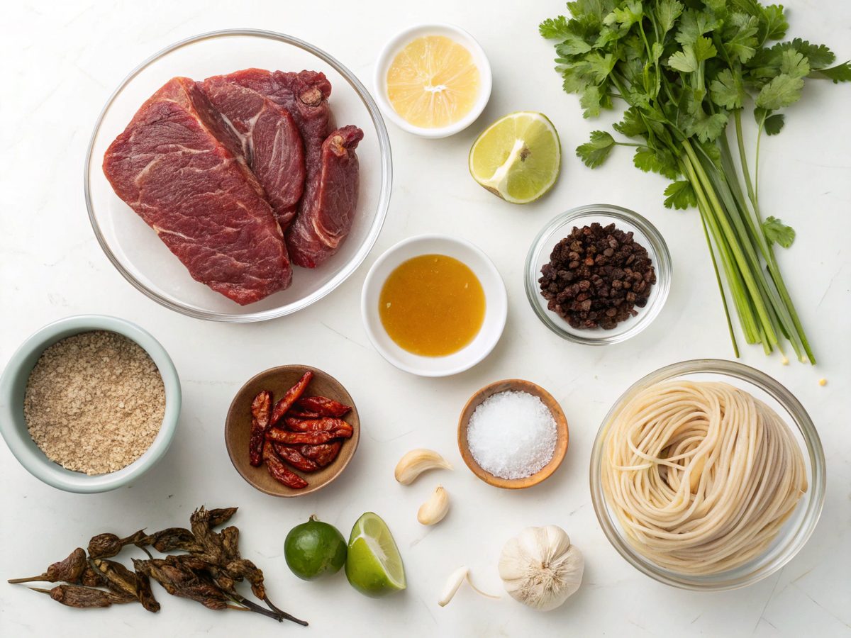 An arrangement of beef birria ramen ingredients.