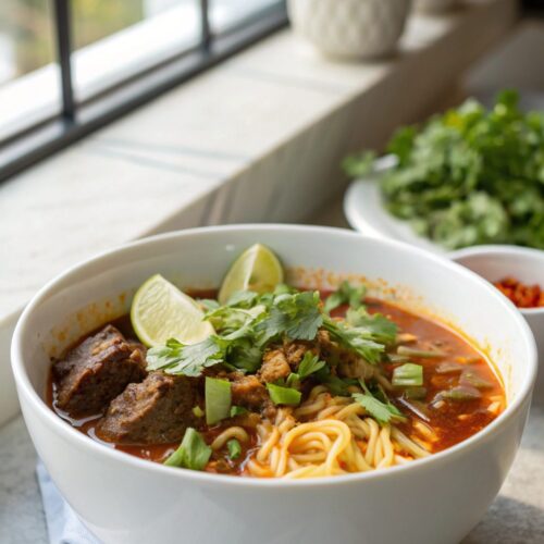 Delicious bowl of Beef Birria Ramen with garnishes.