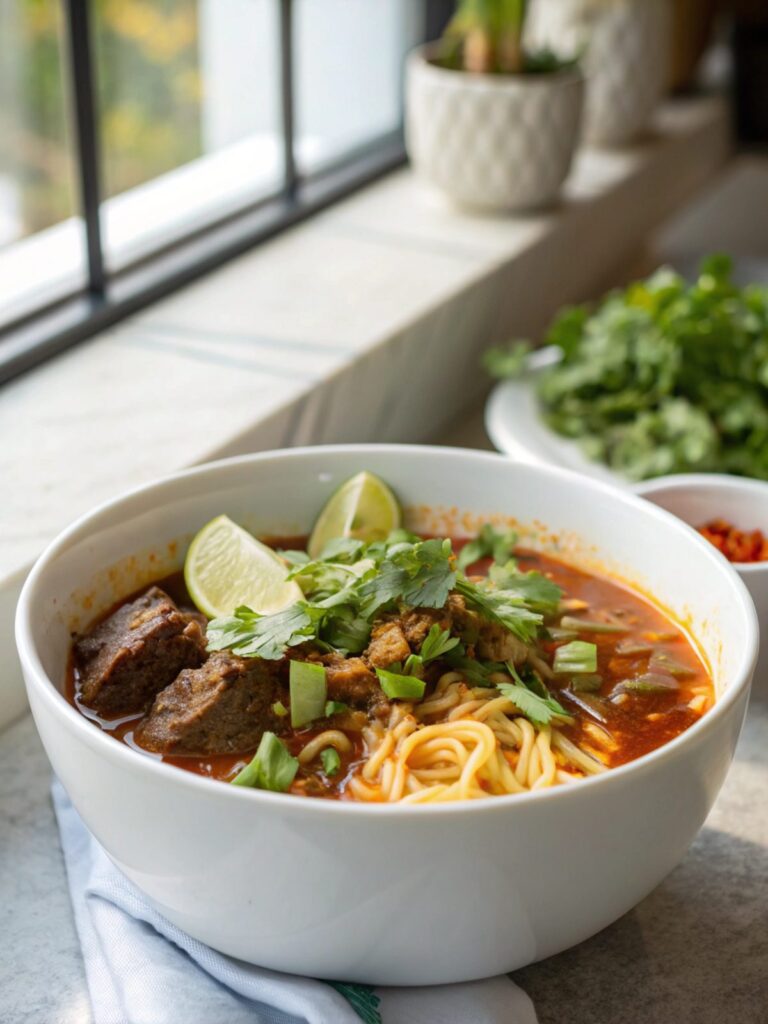 Delicious bowl of Beef Birria Ramen with garnishes.