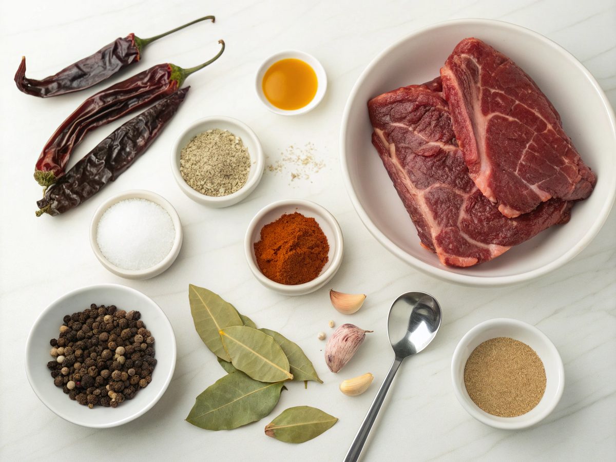 Ingredients layout for beef birria tacos highlighting the key components.