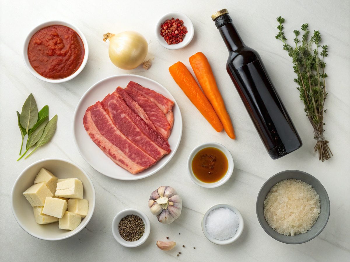 Ingredients for Beef Bourguignon Recipe laid out on a counter