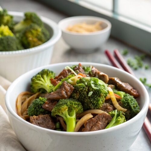 A vibrant and delicious Beef Broccoli Recipe, served in a white bowl