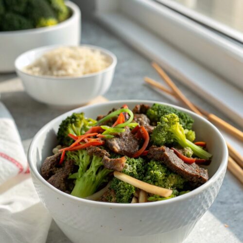 A delicious plate of beef broccoli stir-fry, showcasing vibrant colors.