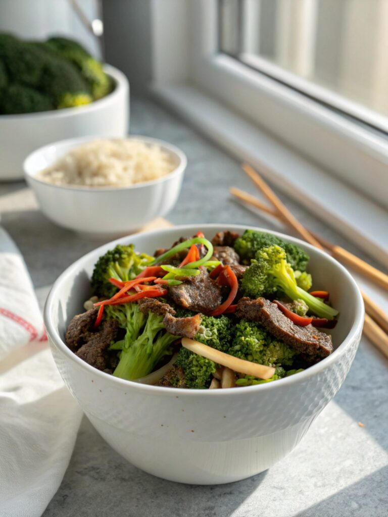 A delicious plate of beef broccoli stir-fry, showcasing vibrant colors.