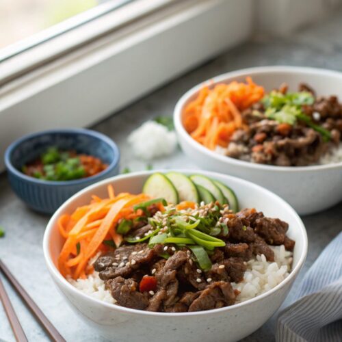 Top view of delicious Beef Bulgogi Bowls served in a stylish arrangement