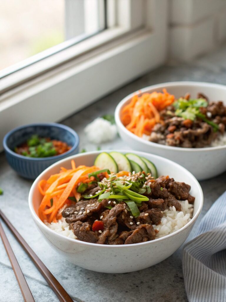Top view of delicious Beef Bulgogi Bowls served in a stylish arrangement