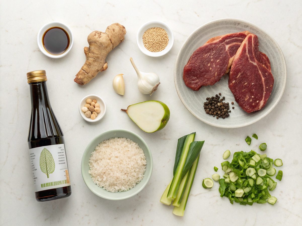 A complete view of all ingredients needed for beef bulgogi bowls.
