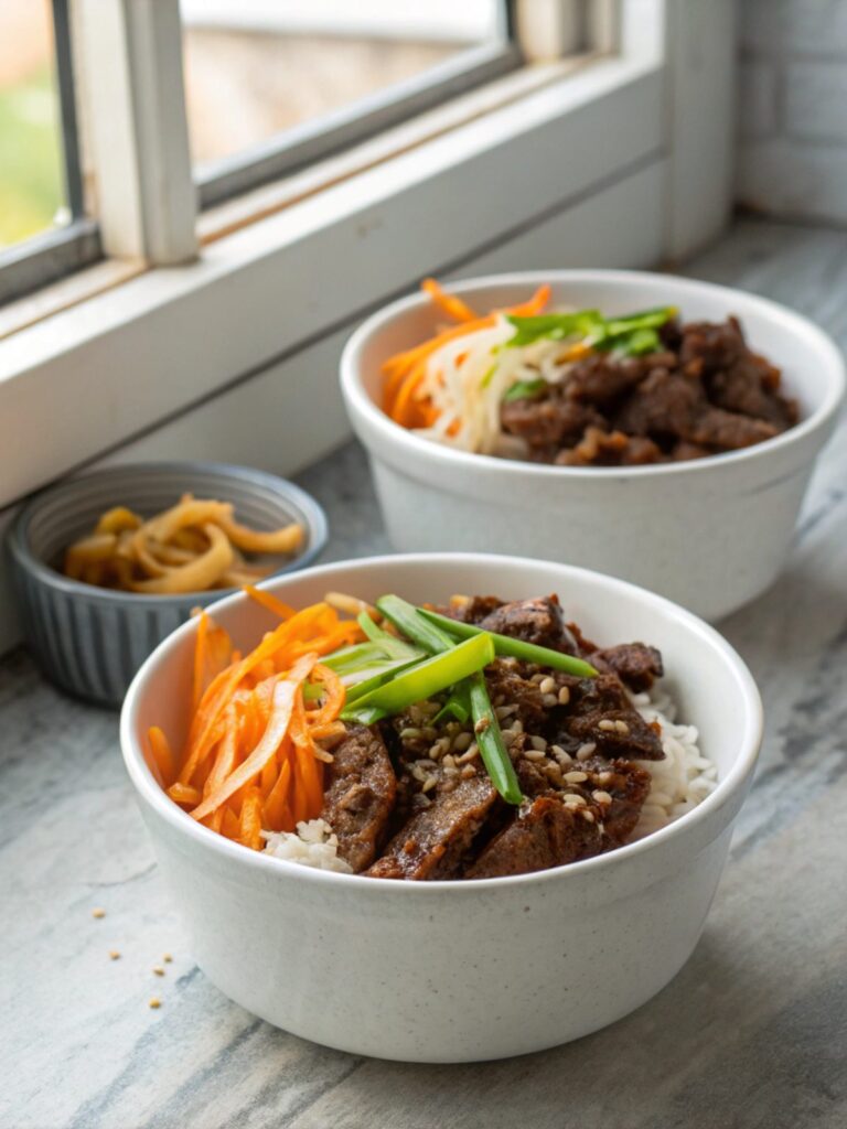 Close-up shot of a mouthwatering beef bulgogi bowl, garnished and ready to eat.