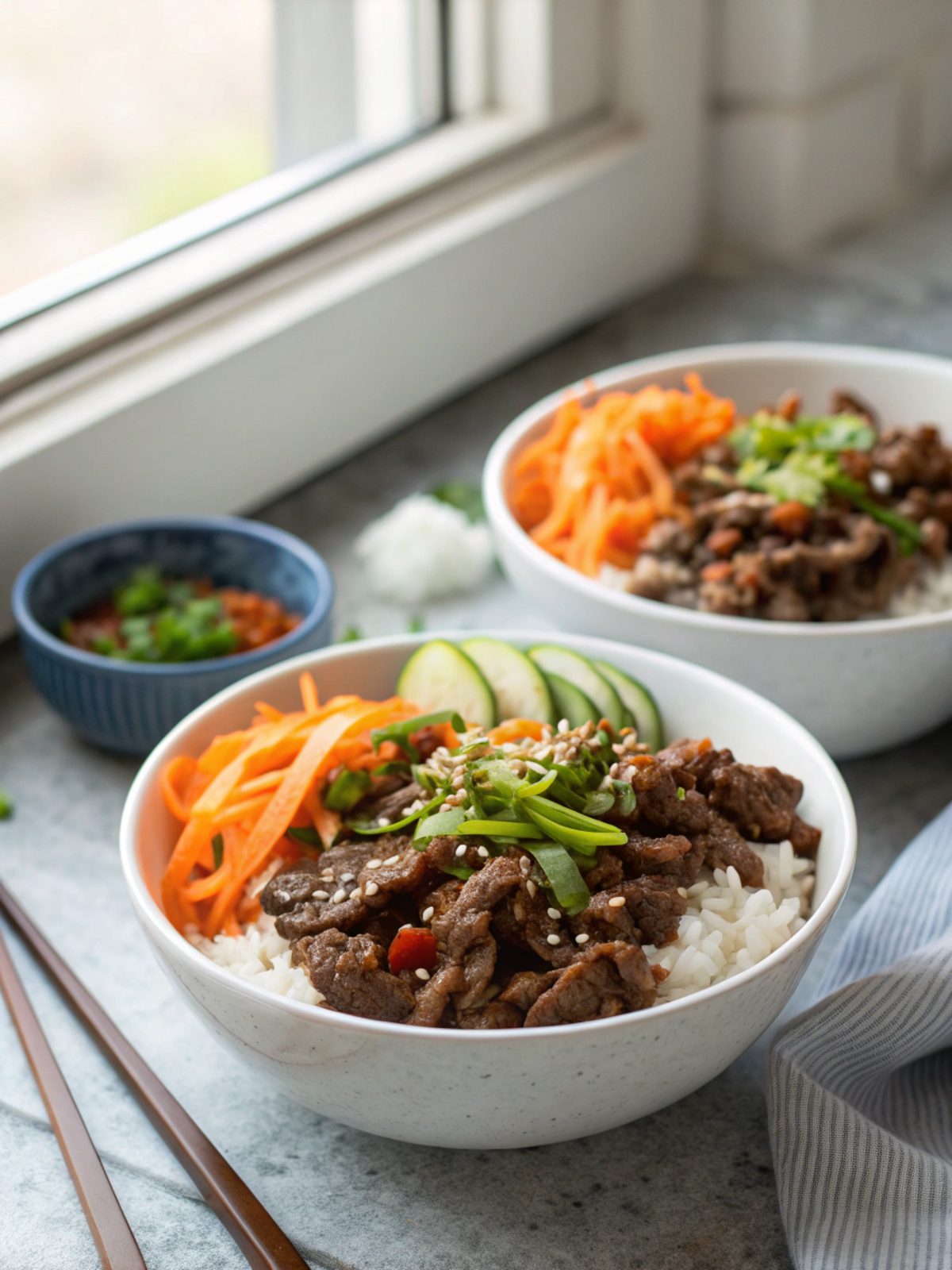 Top view of delicious Beef Bulgogi Bowls served in a stylish arrangement