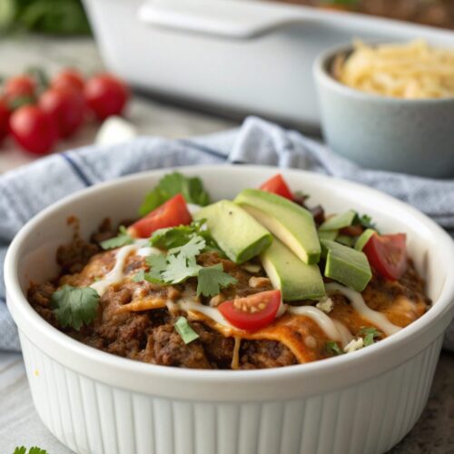 Irresistible Beef Enchilada Casserole plated beautifully with vibrant colors