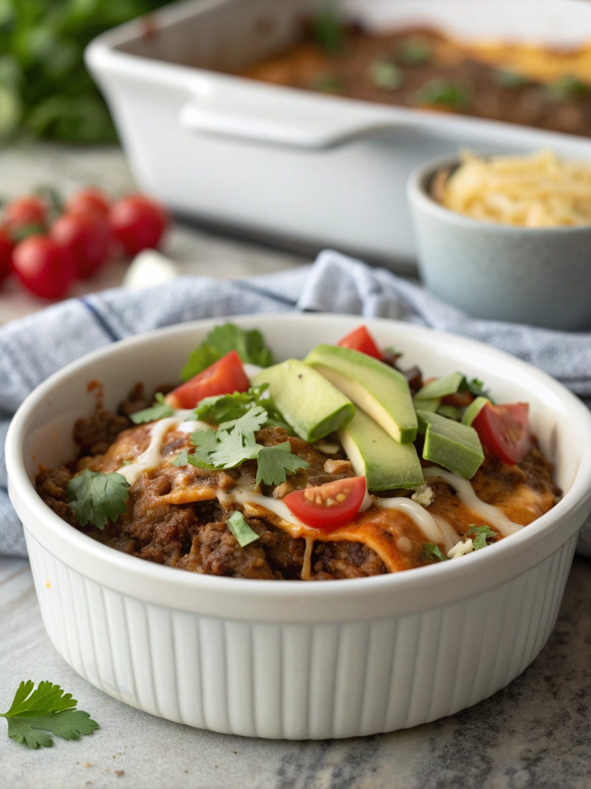 Irresistible Beef Enchilada Casserole plated beautifully with vibrant colors