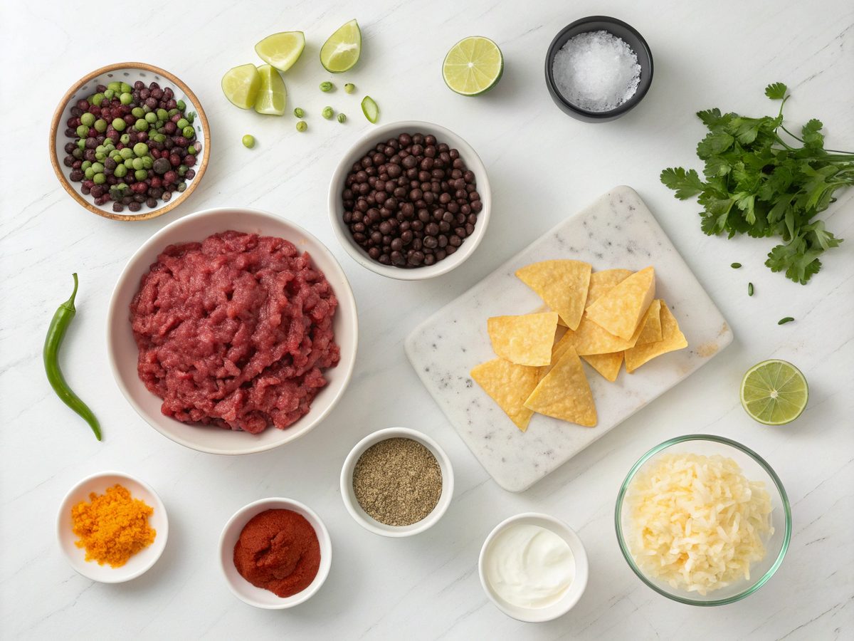 A top-down view of ingredients needed for Beef Enchilada Skillet including ground beef, enchilada sauce, and black beans.