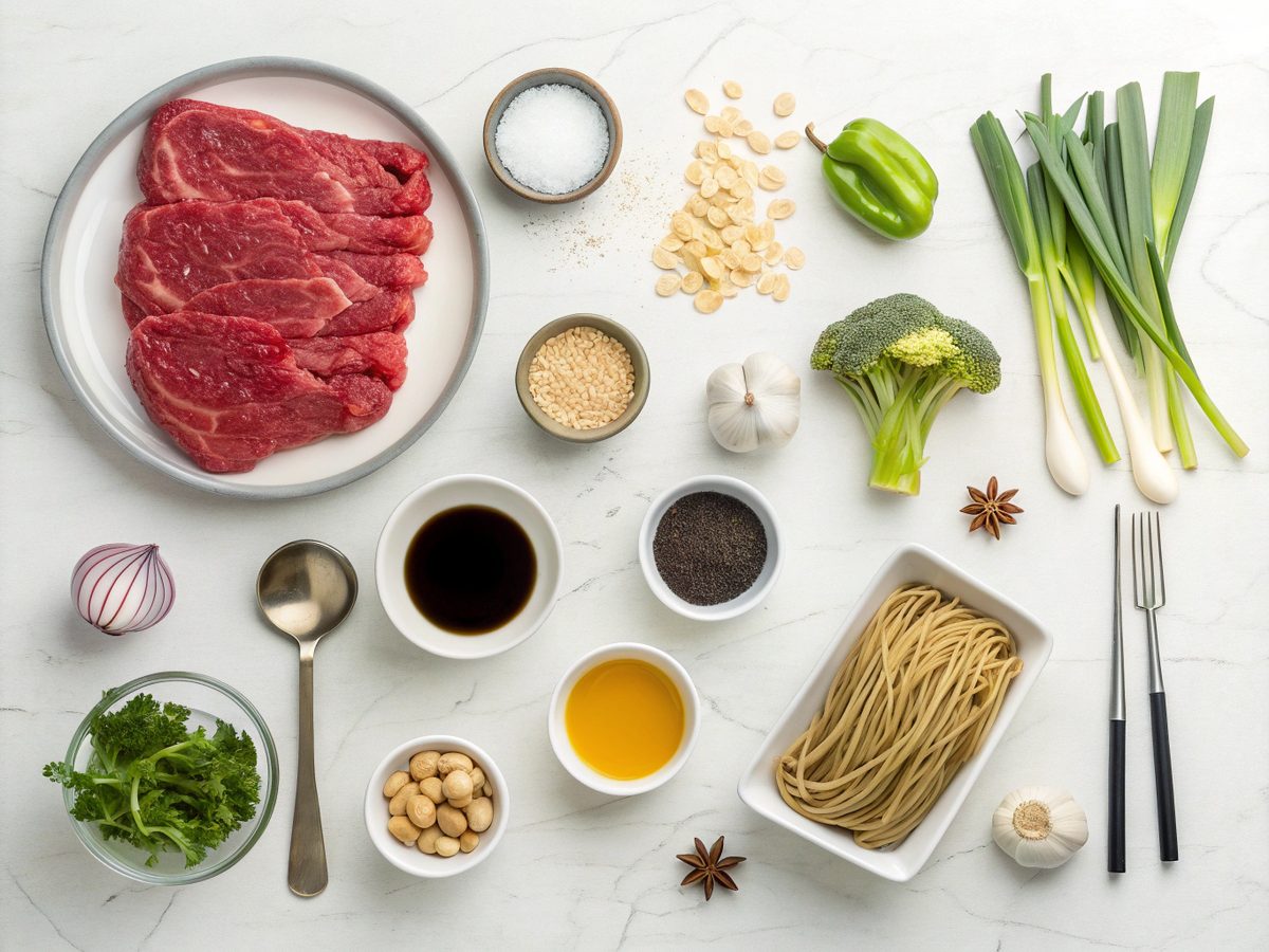 Flat lay of fresh ingredients for beef lo mein recipe