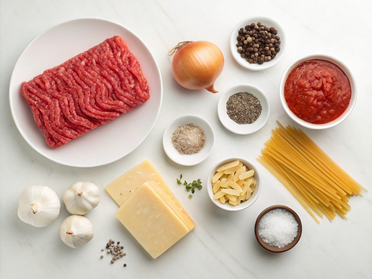 An array of ingredients for Beef Lombardi Casserole.