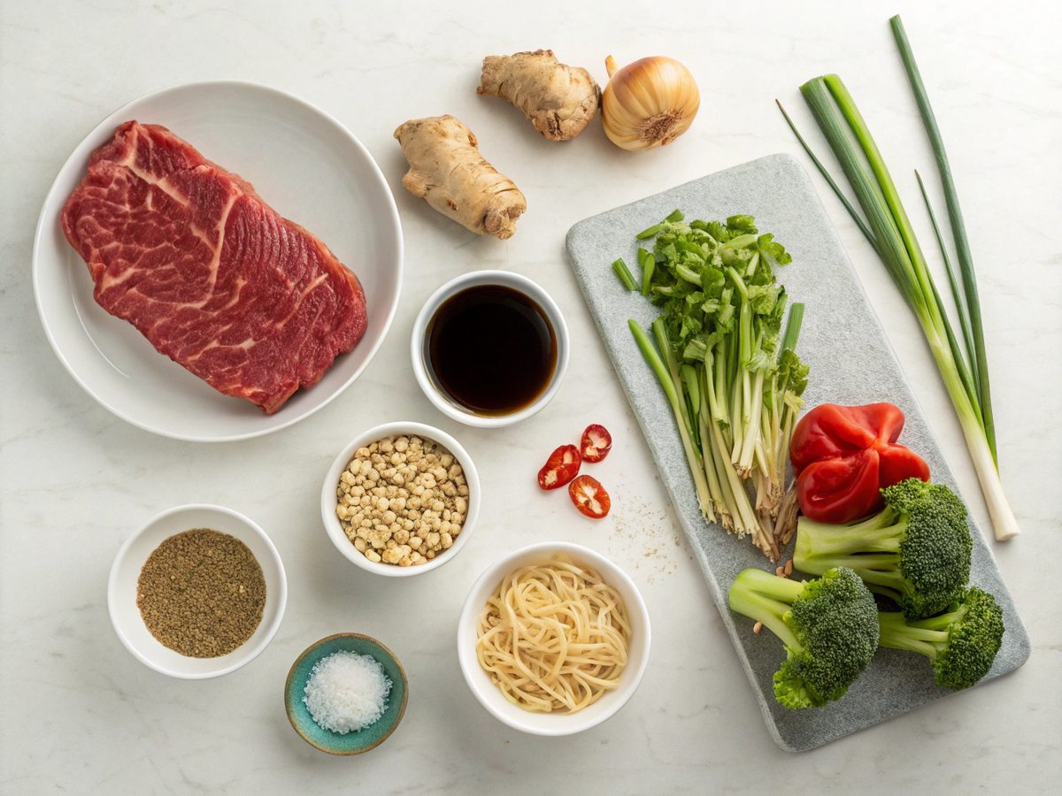 Ingredients for Beef Ramen Stir Fry neatly arranged