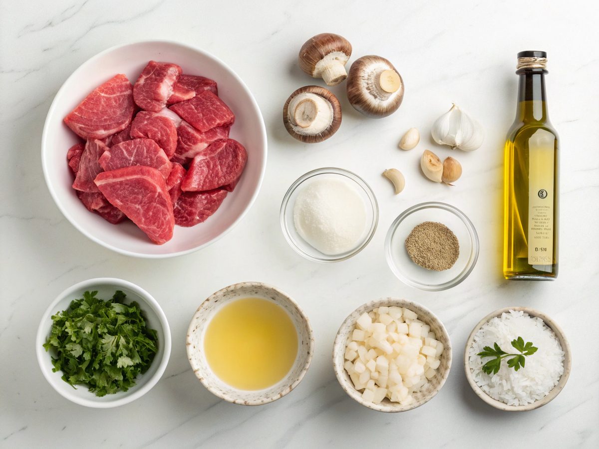 A laydown of ingredients used in beef stroganoff recipe from scratch