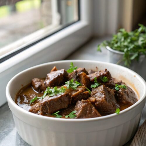 Delicious and tender beef tips served in rich gravy