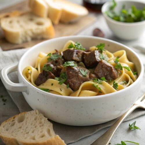 Plated Beef Tips and Noodles Recipe as a featured dish