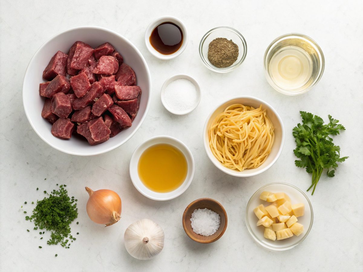 Flat lay of ingredients for beef tips and noodles recipe