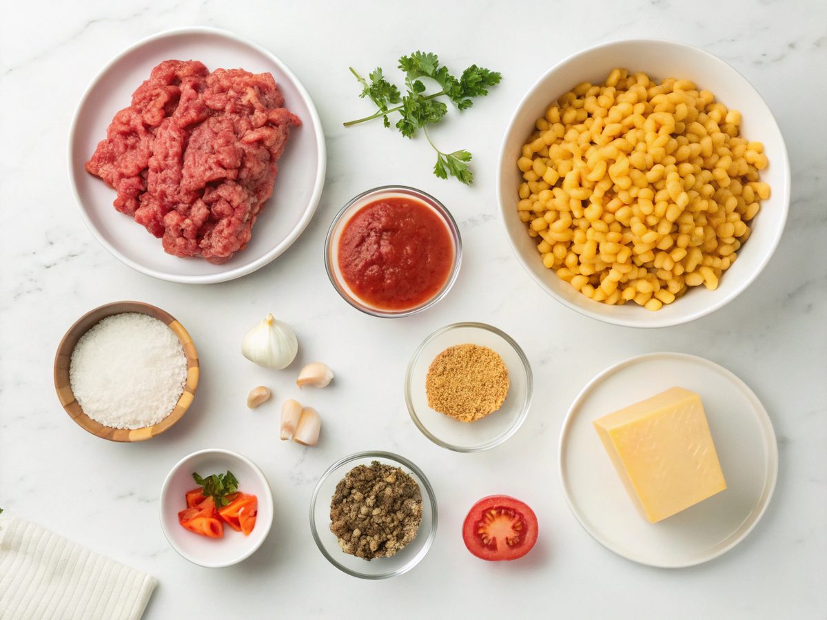Display of ingredients used in Beefaroni recipe
