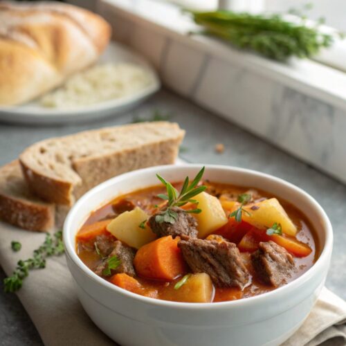 SEO-friendly featured image showing a bowl of the best beef stew recipe.