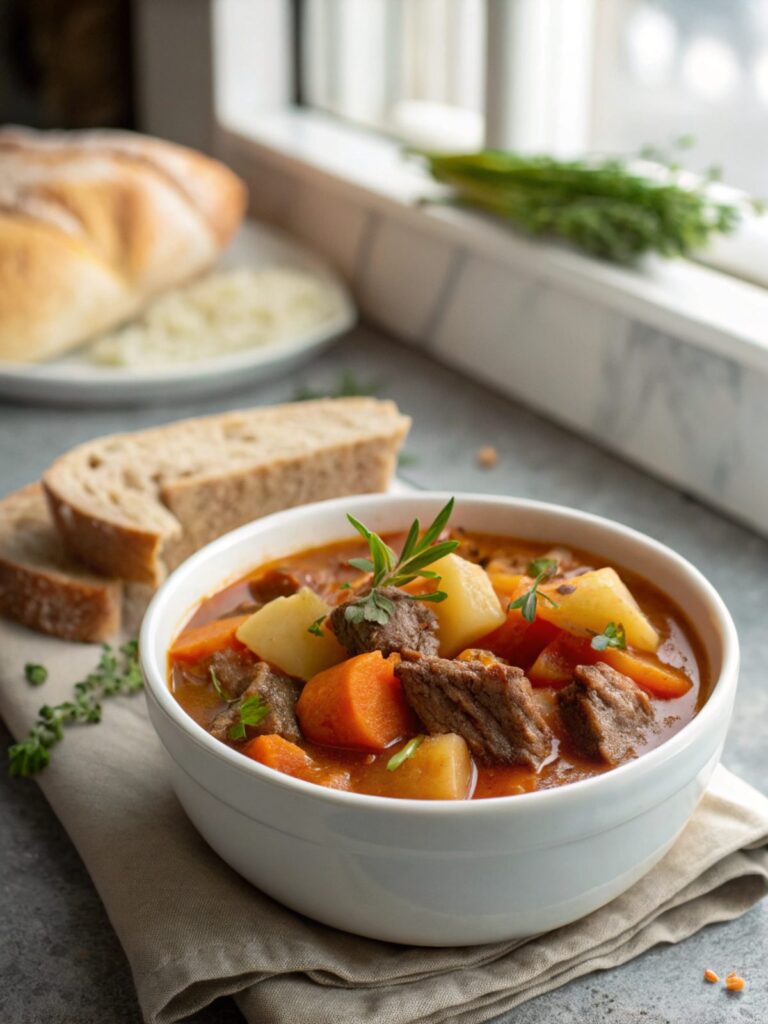 SEO-friendly featured image showing a bowl of the best beef stew recipe.