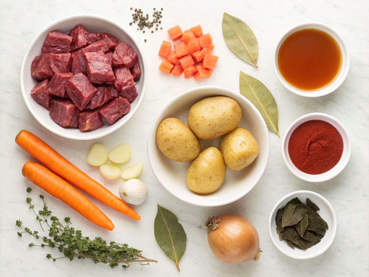 Ingredients laid out for making the best beef stew recipe.