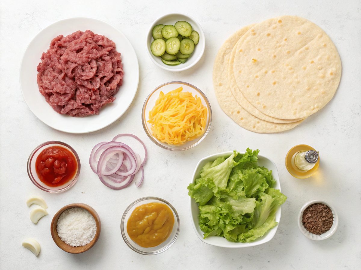 A clear display of ingredients needed for making Big Mac Wraps.