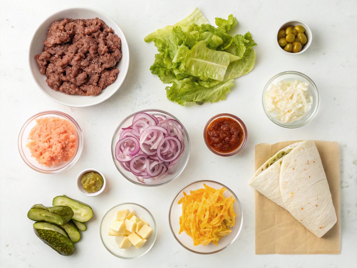 An SEO-friendly alt tag describing the image of Big Mac Wraps Recipe ingredients.