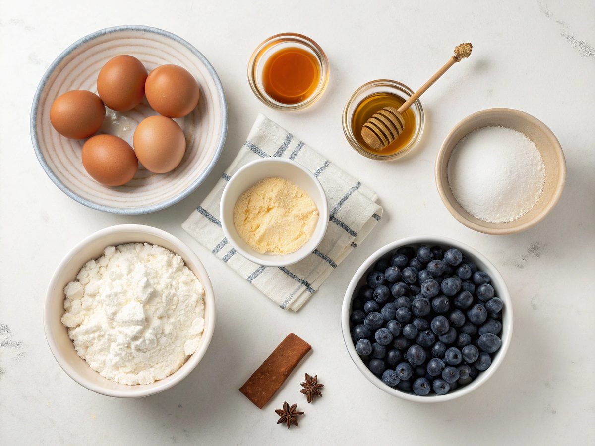 Ingredients for making blueberry cottage cheese cloud bread displayed neatly on a kitchen counter