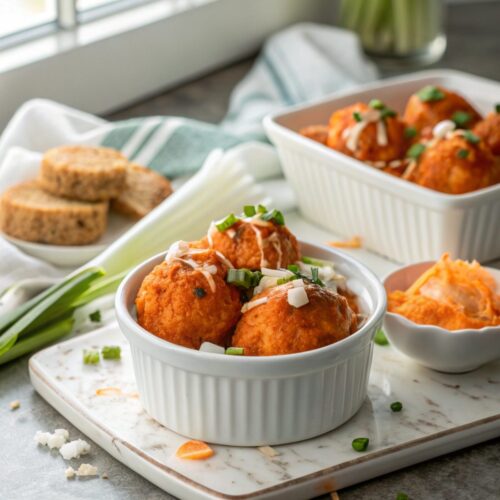 Close-up view of Buffalo Chicken Bombs Recipe on a white plate