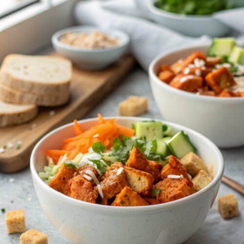 Delicious Buffalo Chicken Bowls Recipe served attractively in a bowl with garnish and dressing.