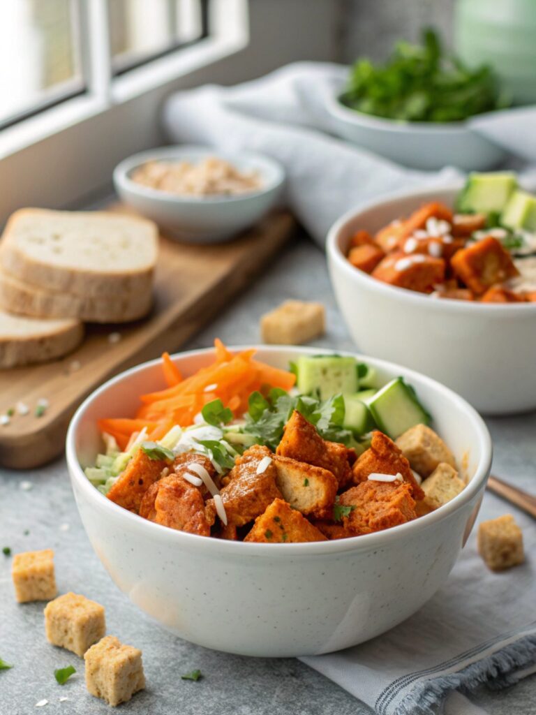 Delicious Buffalo Chicken Bowls Recipe served attractively in a bowl with garnish and dressing.