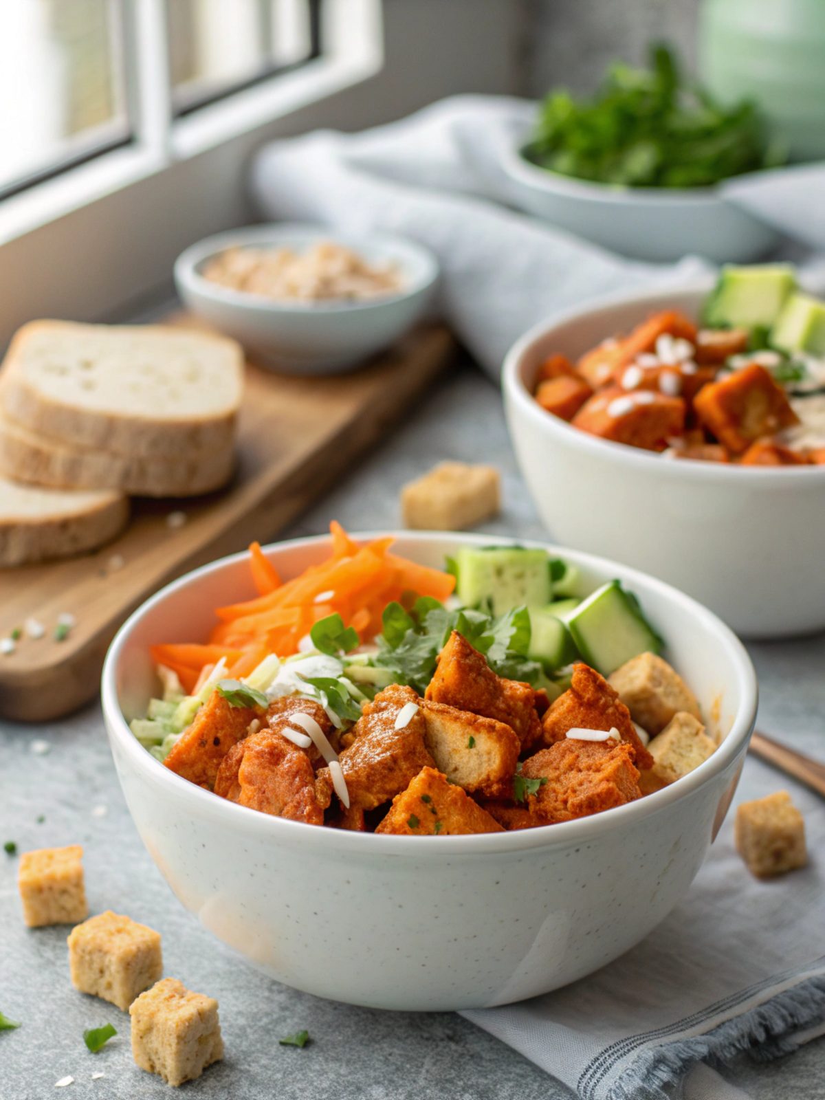 Delicious Buffalo Chicken Bowls Recipe served attractively in a bowl with garnish and dressing.