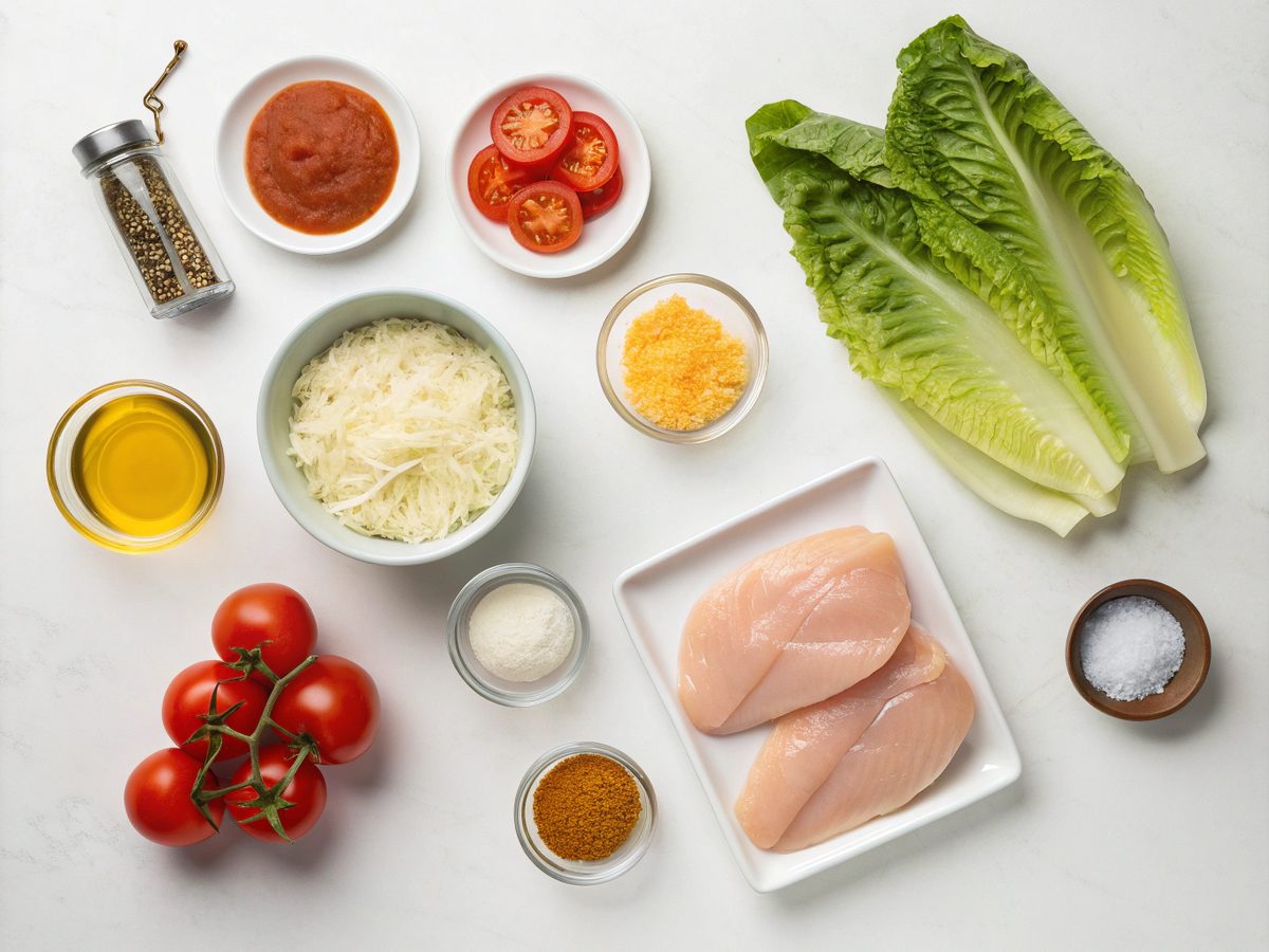 Flat lay of ingredients for Buffalo Chicken Bowls Recipe, including chicken, buffalo sauce, and lettuce