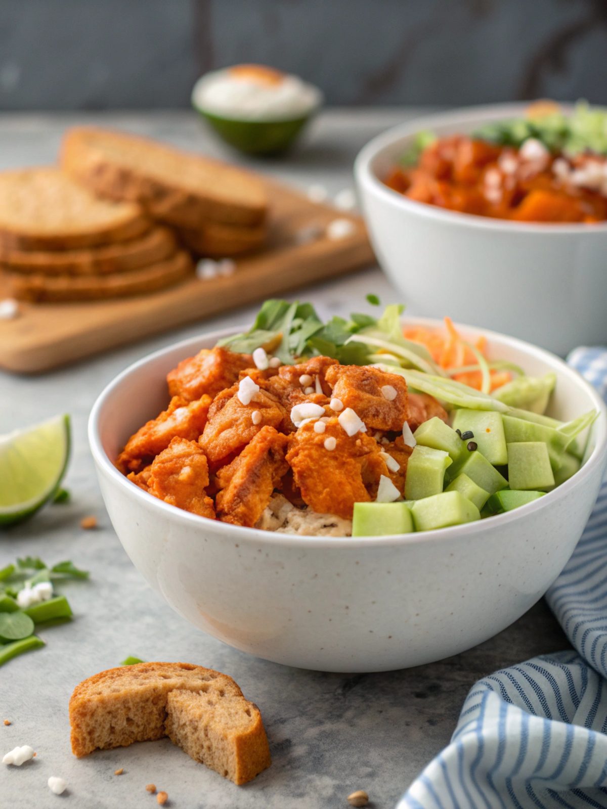 Buffalo Chicken Bowls Recipe served in a white ceramic bowl with fresh garnish
