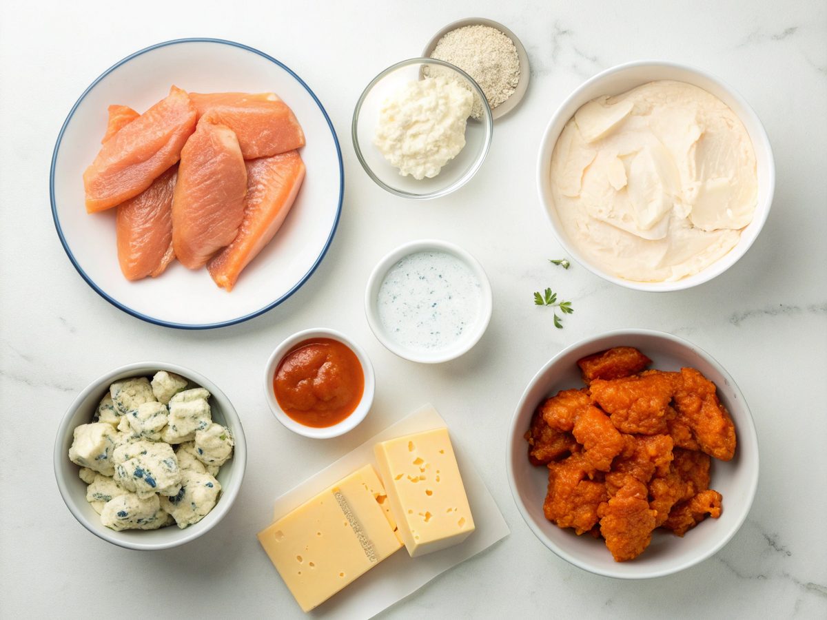 Ingredients for Buffalo Chicken Dip Crockpot laid out on a kitchen counter