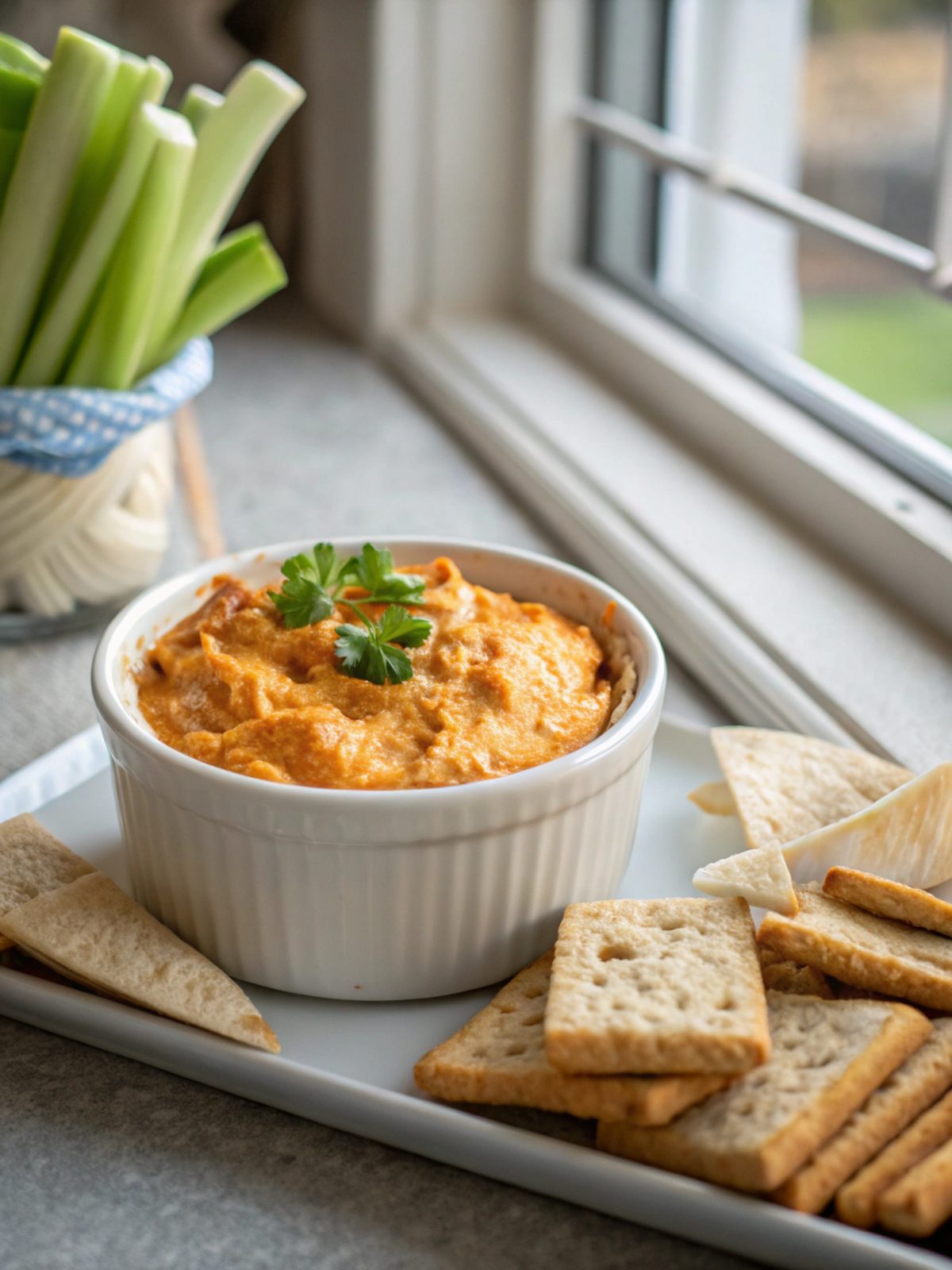 Delicious Buffalo Chicken Dip Crockpot served in a bowl