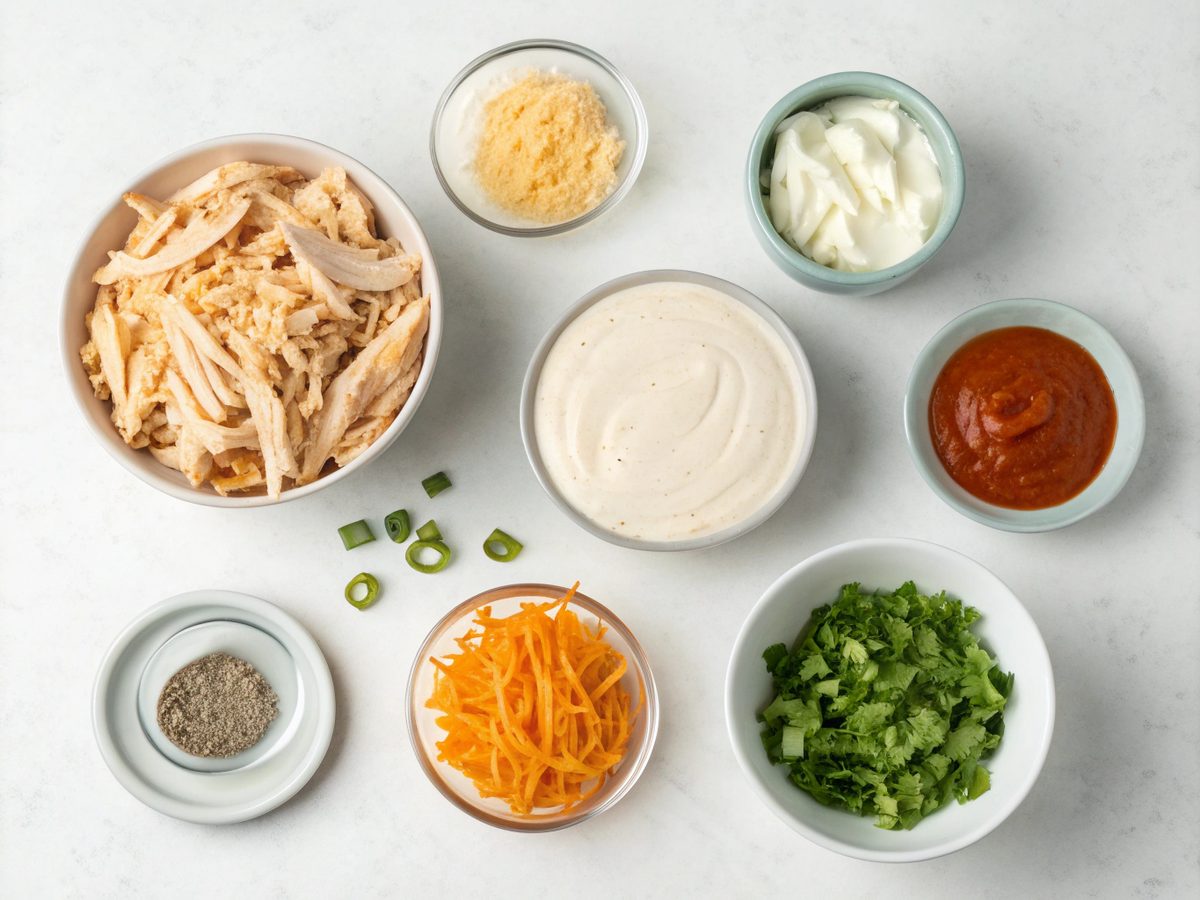 Ingredients for buffalo chicken dip including chicken, buffalo sauce, ranch, cheese.