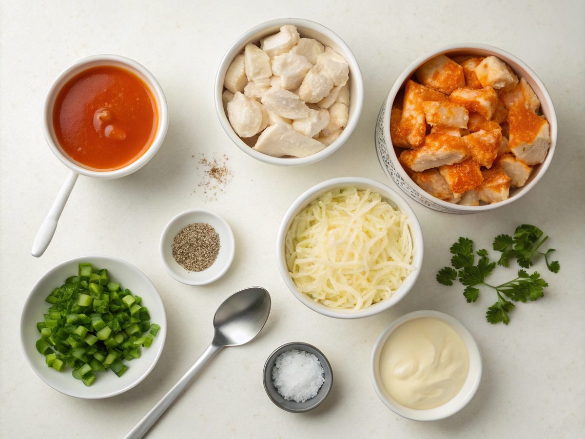 Buffalo Chicken Dip Ingredients arranged for cooking