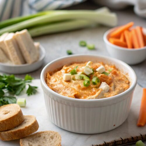 Buffalo Chicken Dip Recipe in a white ceramic dish, freshly garnished.