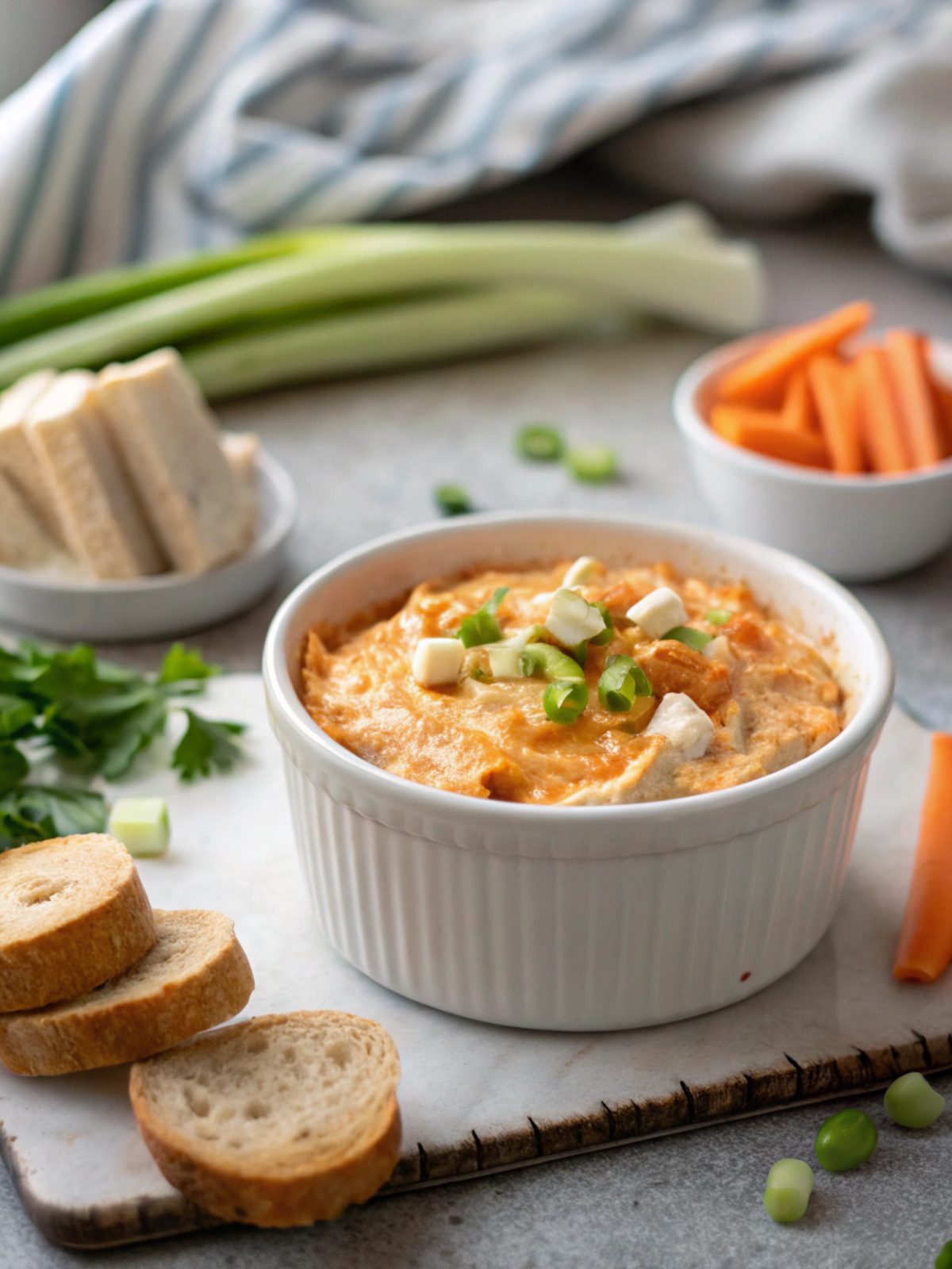 Buffalo Chicken Dip Recipe in a white ceramic dish, freshly garnished.