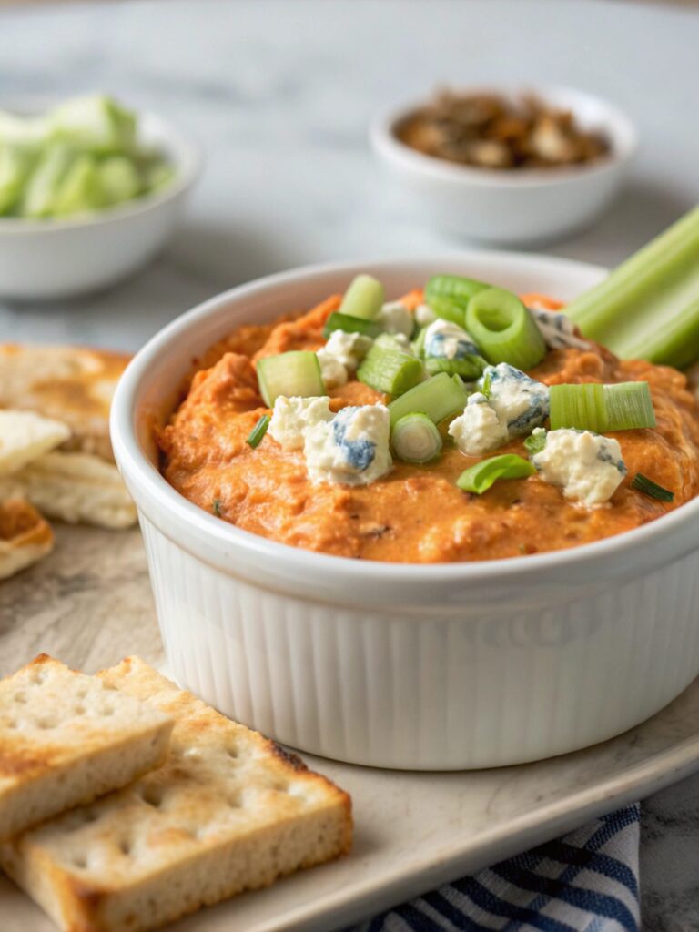 Buffalo Chicken Dip Recipe featuring a vibrant dip garnished with green onions