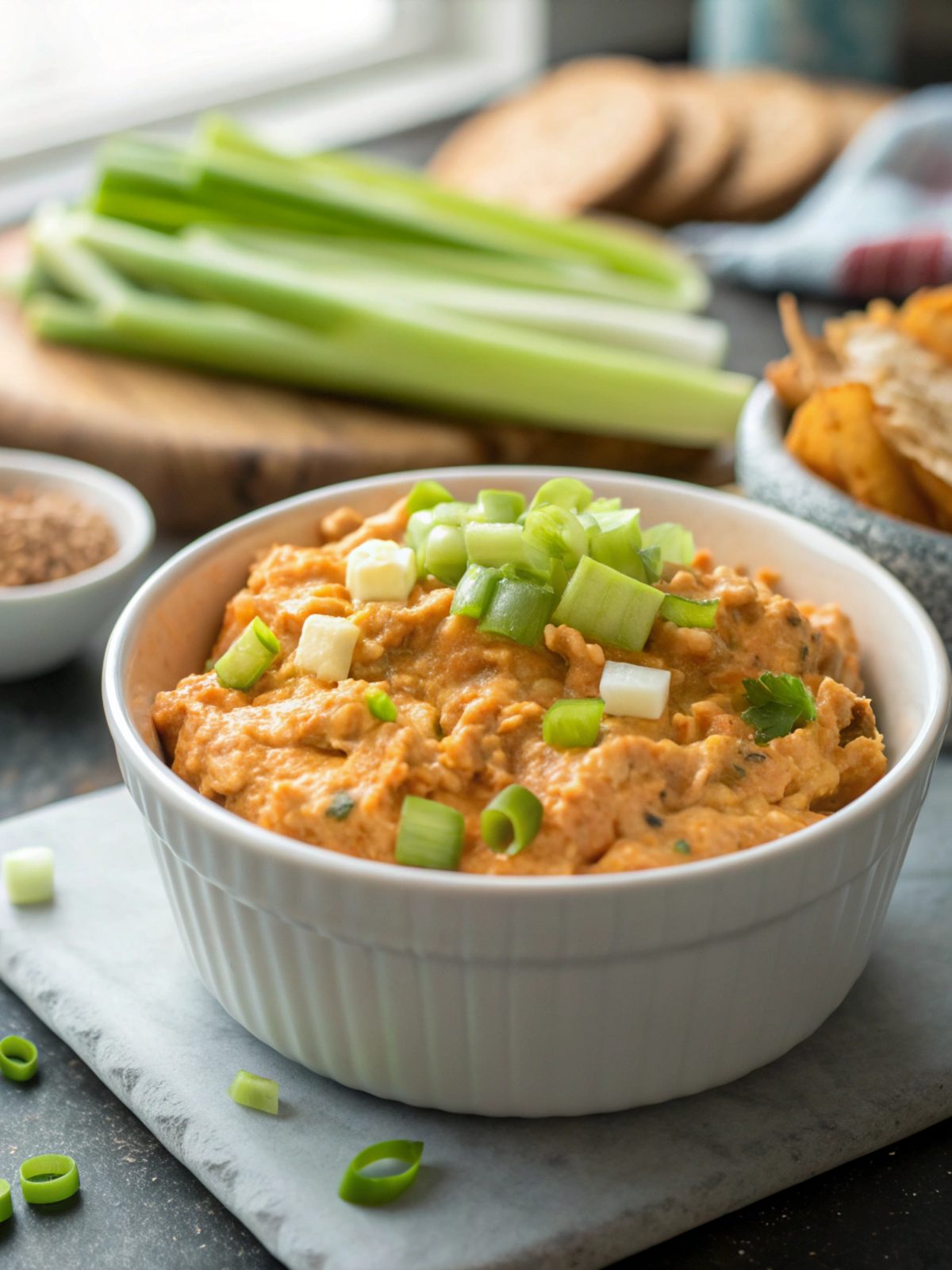 A delicious bowl of buffalo chicken dip, garnished and ready to serve.