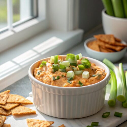 Featured image of buffalo chicken dip recipe served in a dish