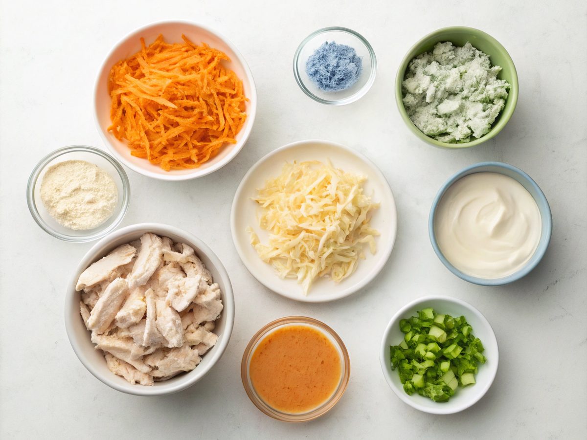 An SEO-friendly flat lay of ingredients for the buffalo chicken dip recipe.