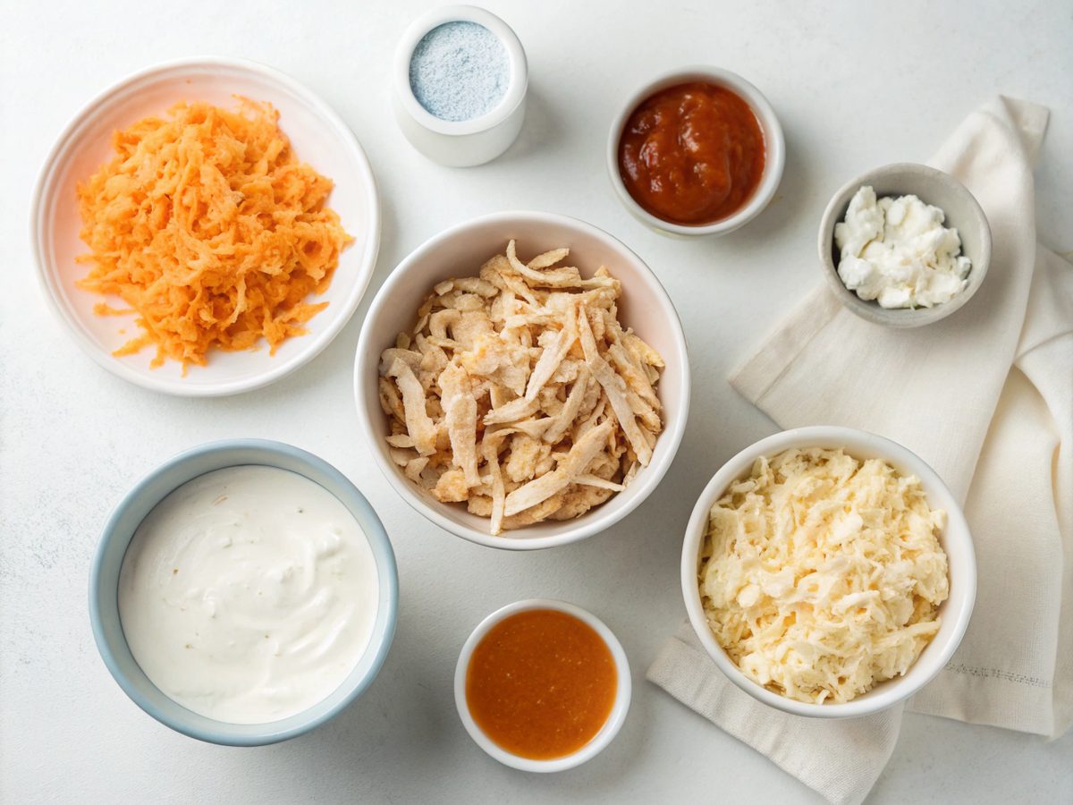 Ingredients for making buffalo chicken dip recipe