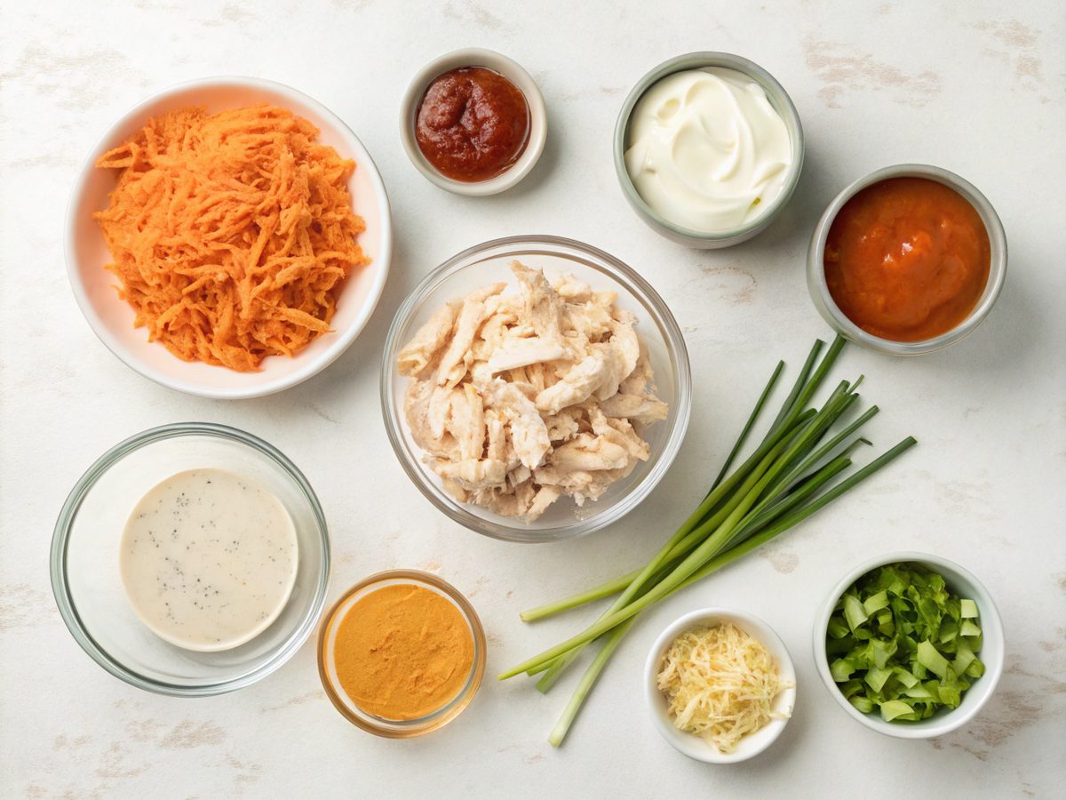 Ingredients for a delicious Buffalo Chicken Dip Recipe.
