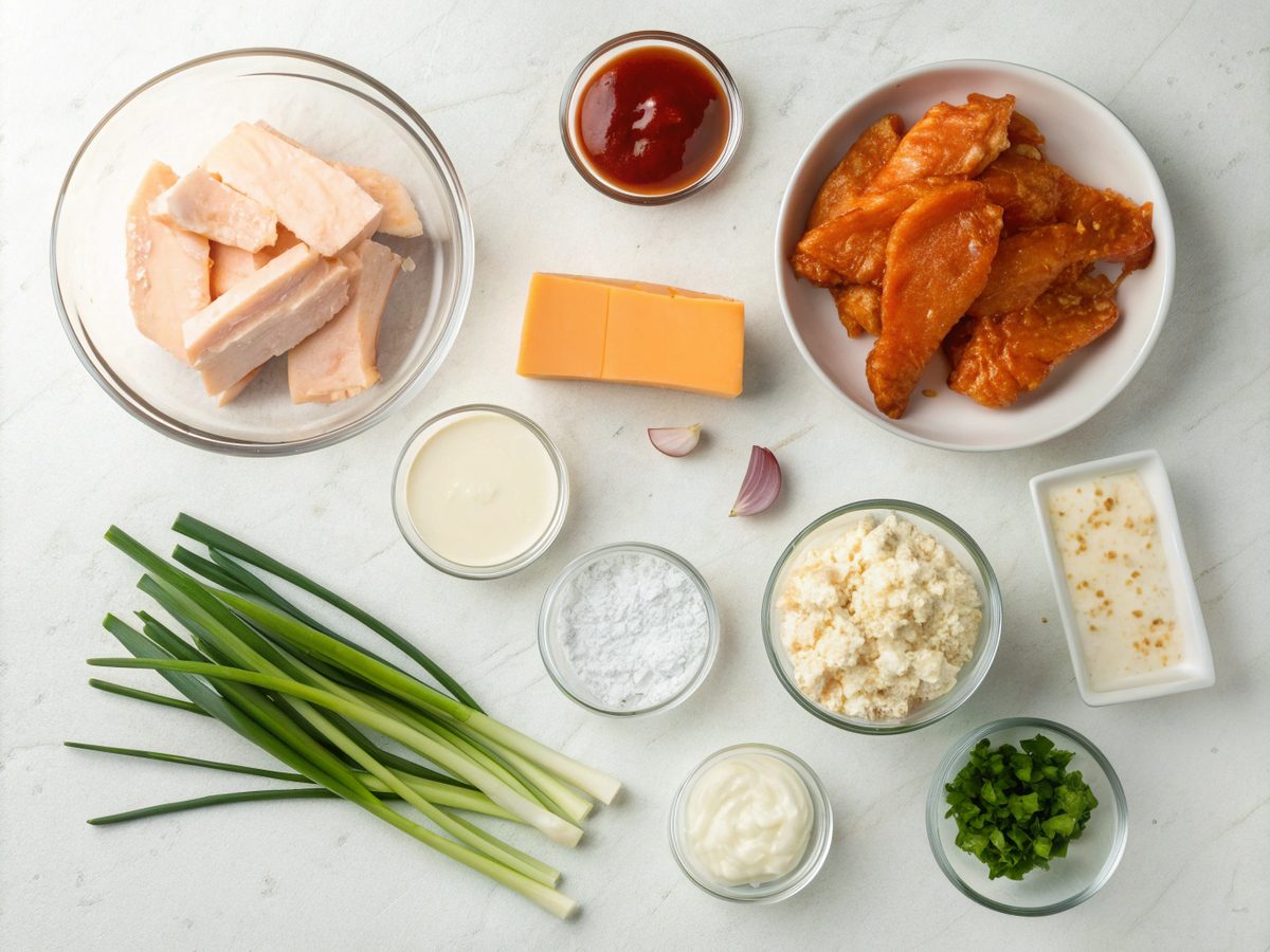 An array of ingredients for the buffalo chicken dip, including chicken, cheeses, hot sauce, and green onions.