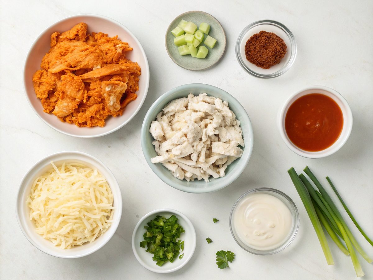 Buffalo Chicken Dip Recipe Ingredients flat lay on a kitchen counter